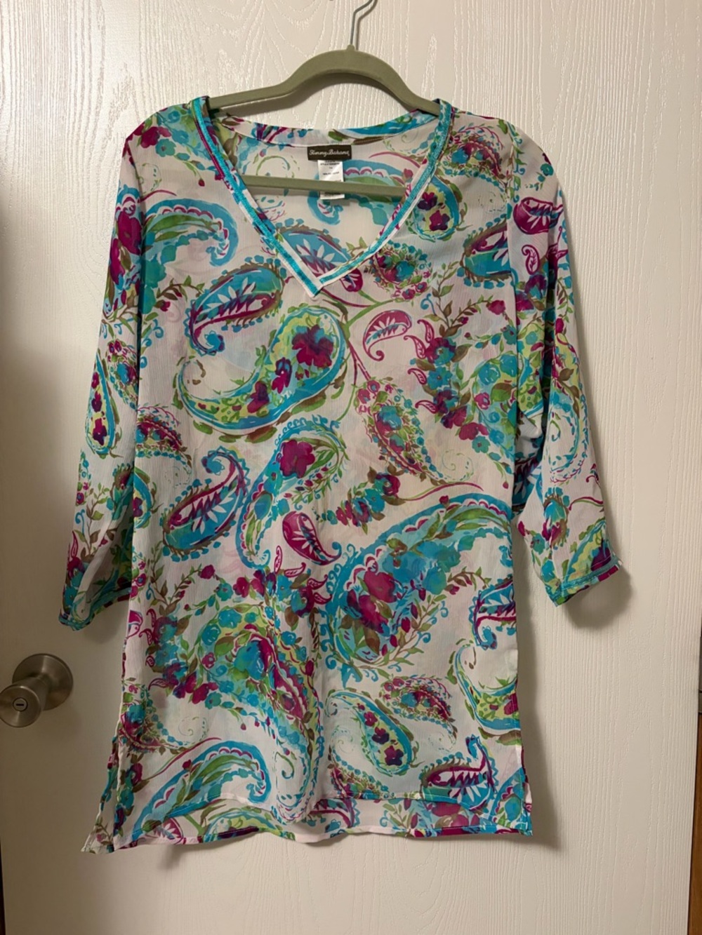 Tommy Bahama Cover-Up Tunic V-Neck Paisley 3/4 Sleeve Size y